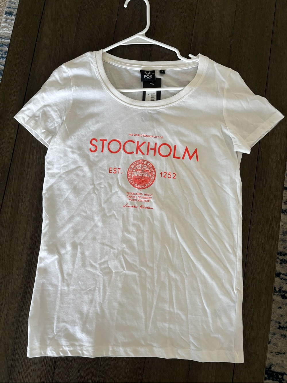 Fox White Tee with Coral 'STOCKHOLM' Print